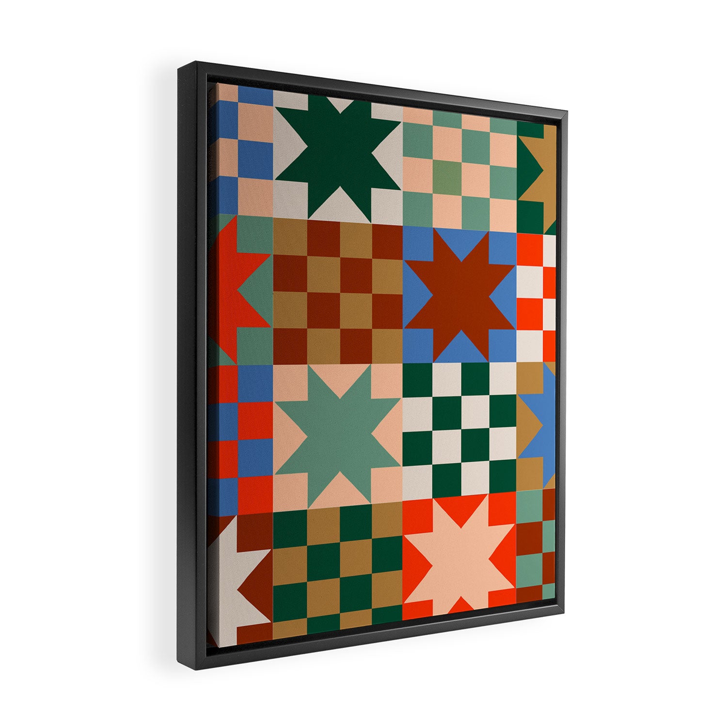 Earthy Patchwork Quilt Star Pattern Rustic Geometric Checkered Abstract in Warm Retro Colors Framed Canvas Print Gallery Image 2