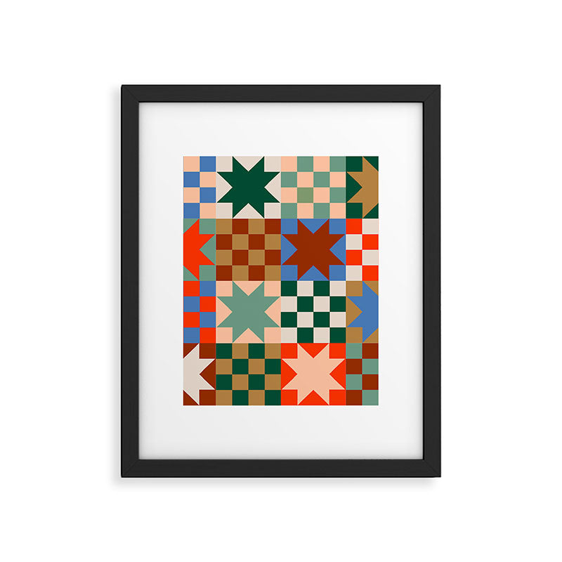 Earthy Patchwork Quilt Star Pattern Rustic Geometric Checkered Abstract in Warm Retro Colors Framed Art Print Gallery Image 6