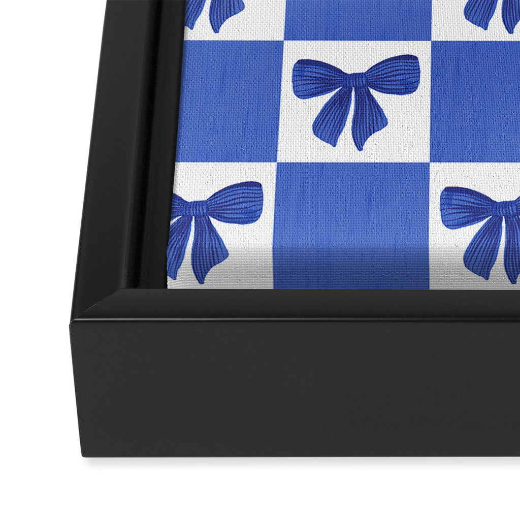 Elegant Blue Bow Checkerboard Pattern - Perfect for Winter and Holiday Themes Framed Canvas Print Gallery Image 3