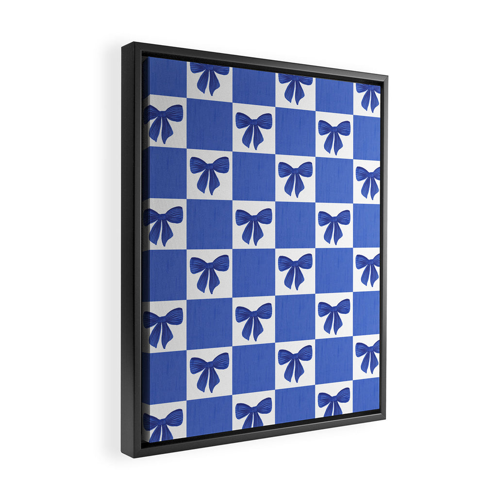 Elegant Blue Bow Checkerboard Pattern - Perfect for Winter and Holiday Themes Framed Canvas Print Gallery Image 2