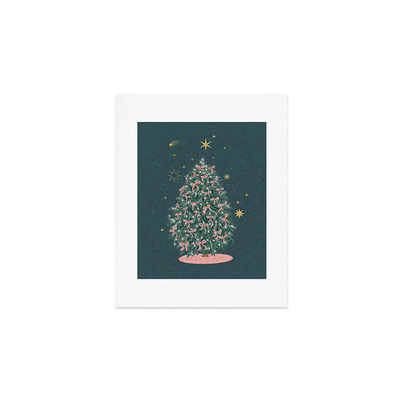 Elegant Christmas Tree with Pink Bows and Golden Stars on Deep Teal Art Print Gallery Image 1