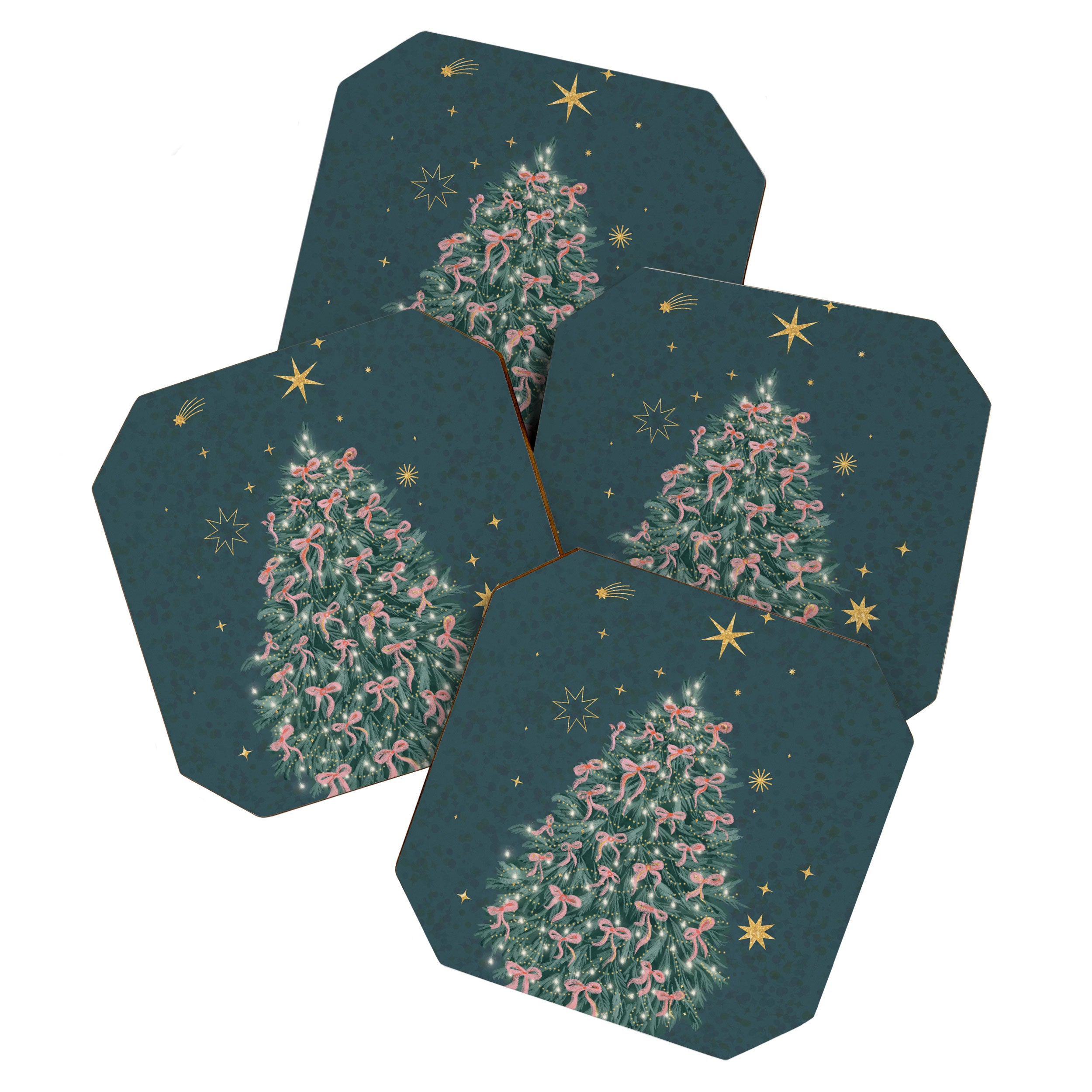 Elegant Christmas Tree with Pink Bows and Golden Stars on Deep Teal Coaster Gallery Image 1