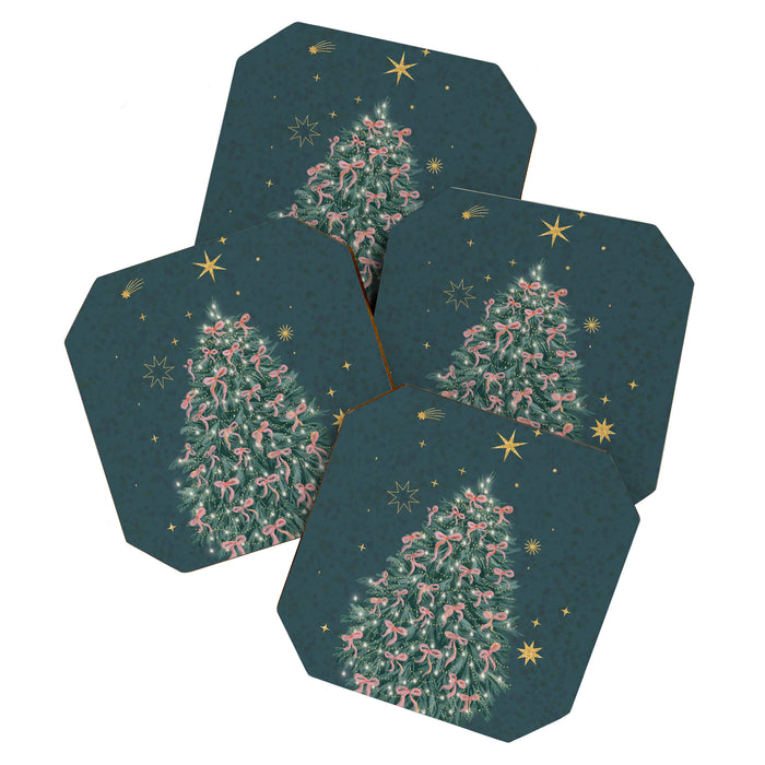 Elegant Christmas Tree with Pink Bows and Golden Stars on Deep Teal Coaster Gallery Image 1