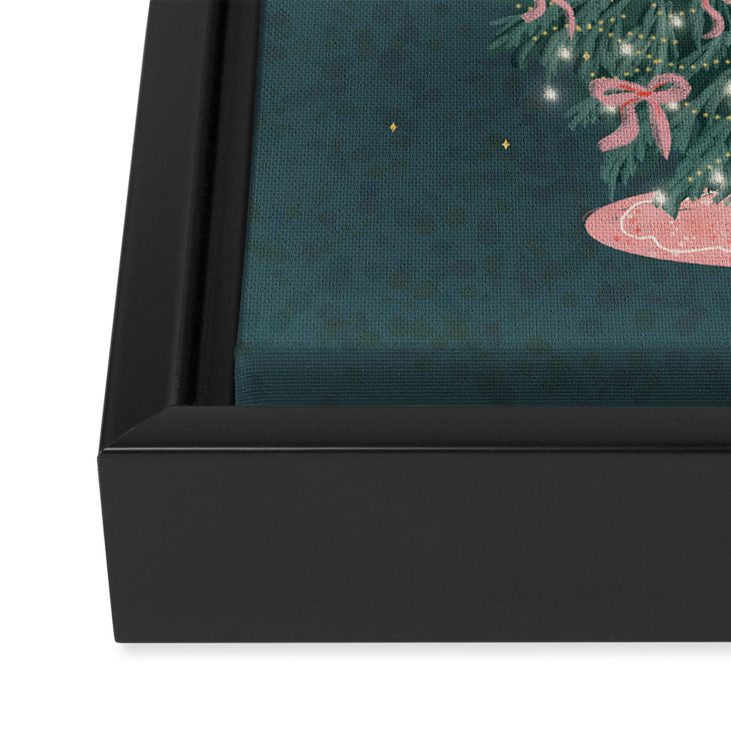 Elegant Christmas Tree with Pink Bows and Golden Stars on Deep Teal Framed Canvas Print Gallery Image 3