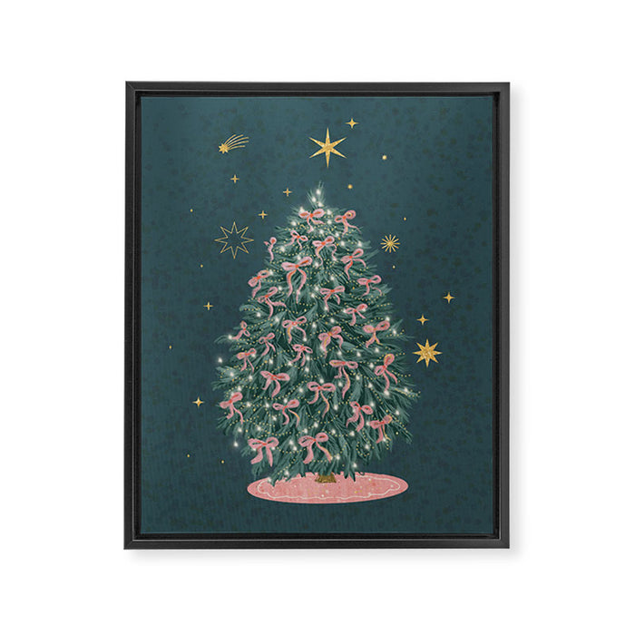Elegant Christmas Tree with Pink Bows and Golden Stars on Deep Teal Framed Canvas Print Gallery Image 1
