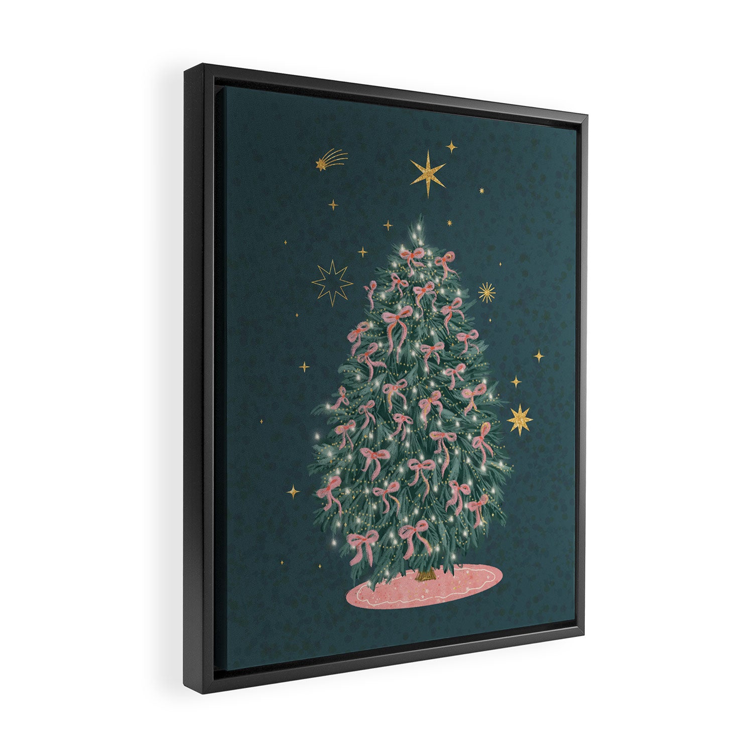 Elegant Christmas Tree with Pink Bows and Golden Stars on Deep Teal Framed Canvas Print Gallery Image 2