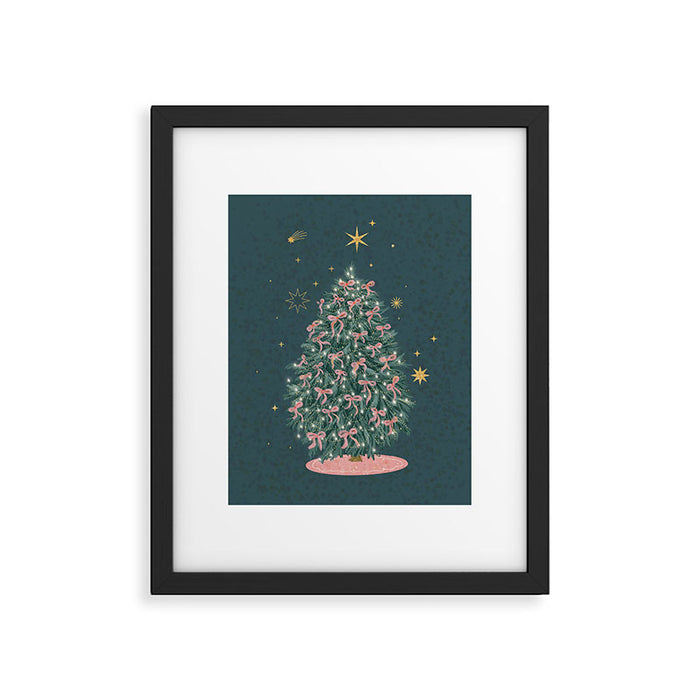 Elegant Christmas Tree with Pink Bows and Golden Stars on Deep Teal Framed Art Print Gallery Image 1