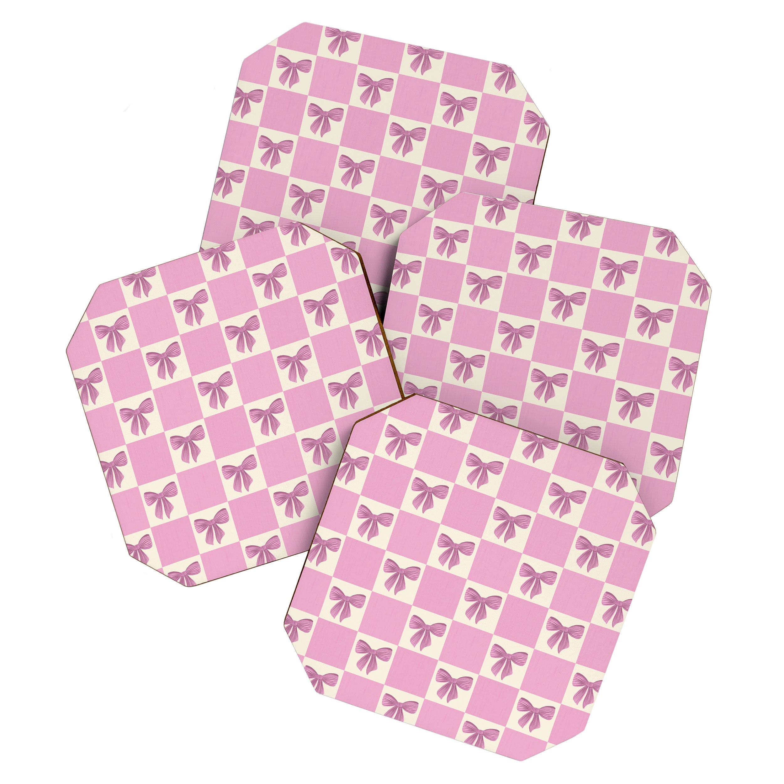 Elegant Pink Bow Checkerboard Pattern Coaster Gallery Image 1