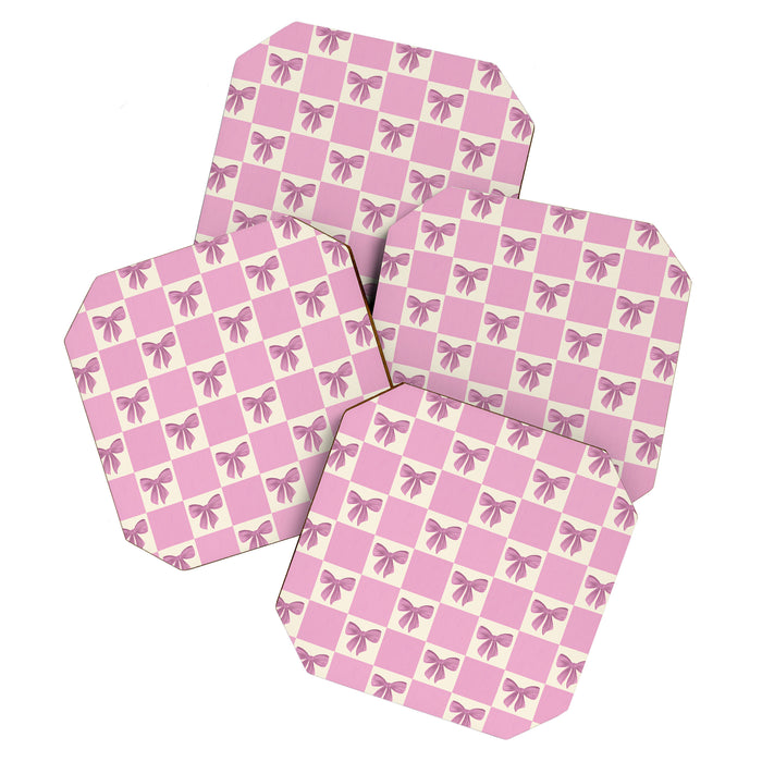 Elegant Pink Bow Checkerboard Pattern Coaster Gallery Image 1