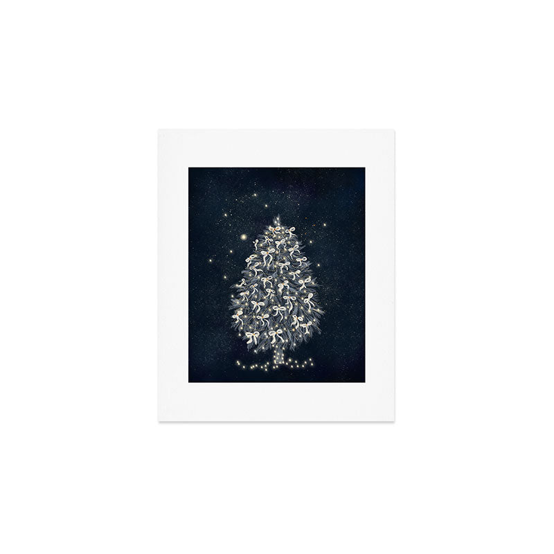 Elegant Starry Night Christmas Tree with Angelic Bows Art Print Gallery Image 1