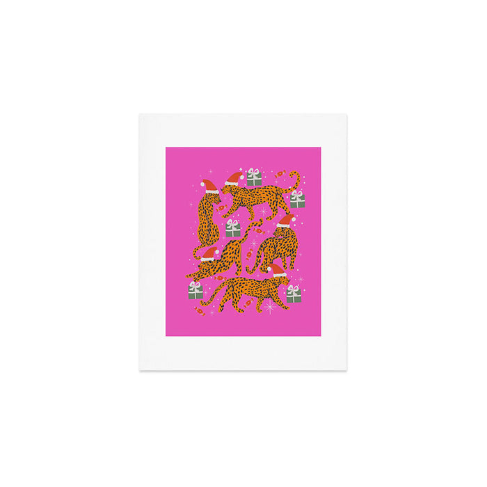 Fashionable cats with Christmas hats and gifts in fuchsia pink background  Art Print Gallery Image 1