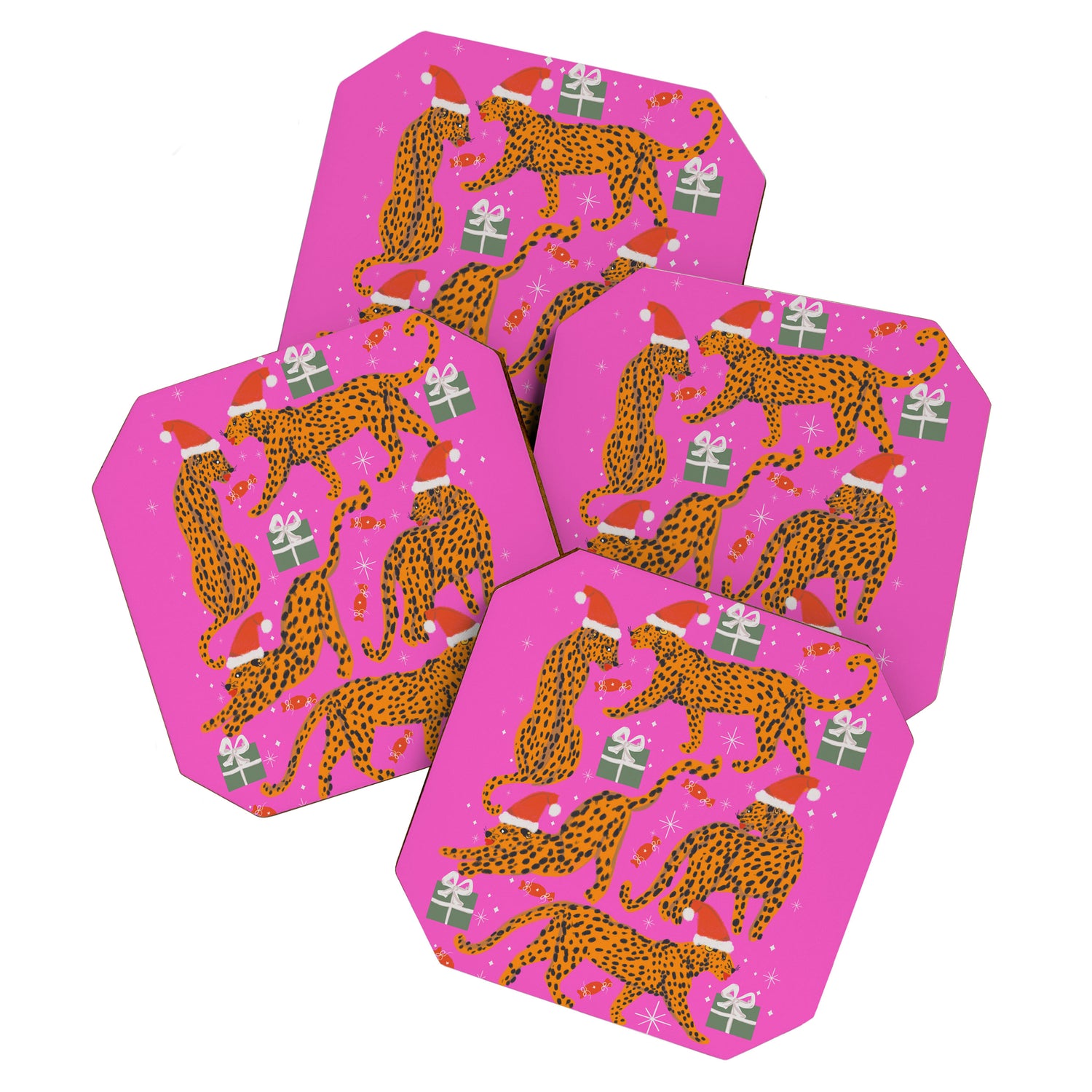 Fashionable cats with Christmas hats and gifts in fuchsia pink background  Coaster Gallery Image 1
