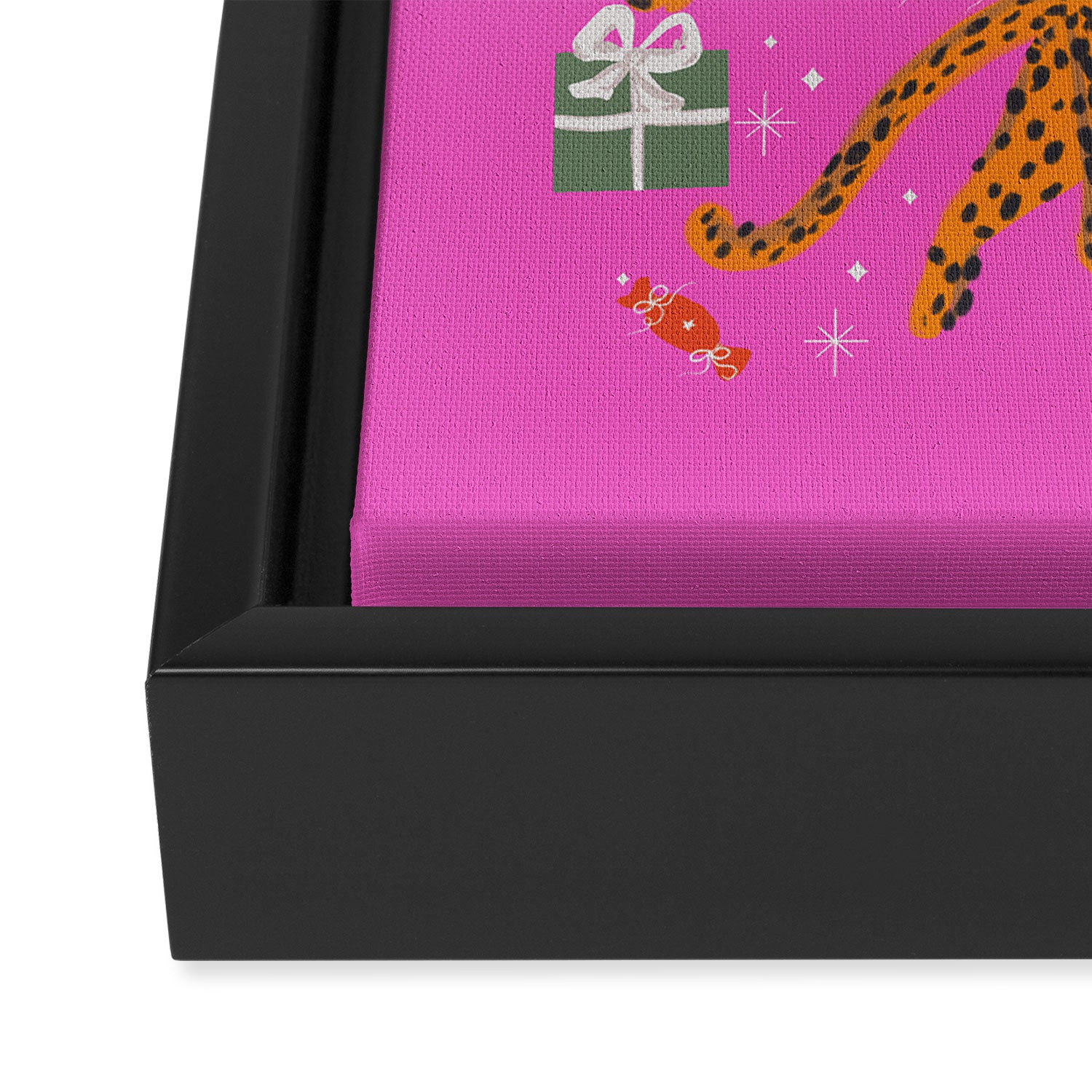 Fashionable cats with Christmas hats and gifts in fuchsia pink background  Framed Canvas Print Gallery Image 3