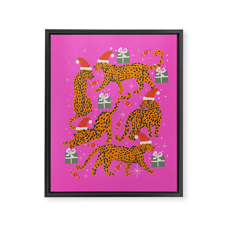 Fashionable cats with Christmas hats and gifts in fuchsia pink background  Framed Canvas Print Gallery Image 8