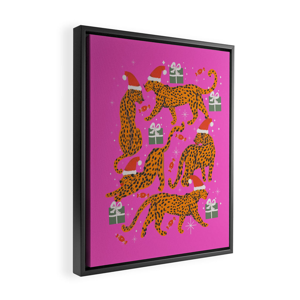 Fashionable cats with Christmas hats and gifts in fuchsia pink background  Framed Canvas Print Gallery Image 2