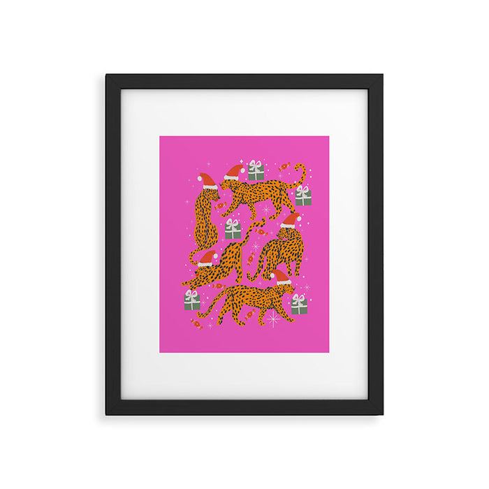Fashionable cats with Christmas hats and gifts in fuchsia pink background  Framed Art Print Gallery Image 1