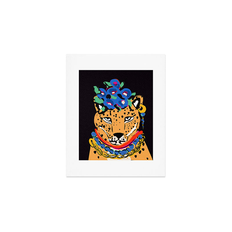 Fashionable cheetah with flowers crown portrait  Art Print Gallery Image 1