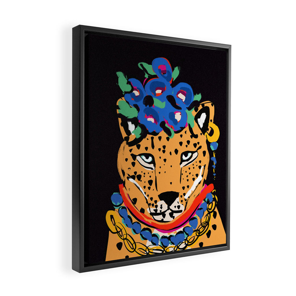 Fashionable cheetah with flowers crown portrait  Framed Canvas Print Gallery Image 2