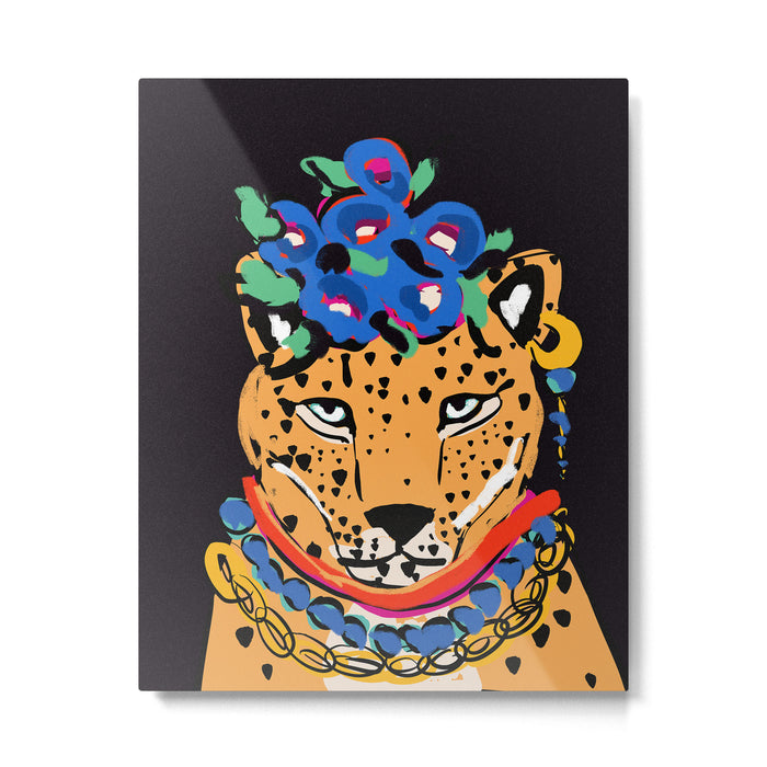 Fashionable cheetah with flowers crown portrait  Metal Print Gallery Image 1