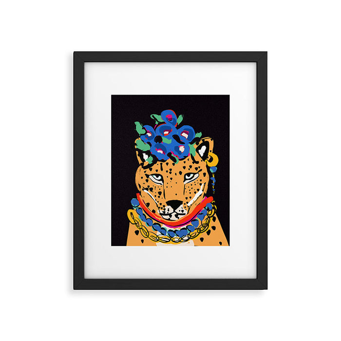Fashionable cheetah with flowers crown portrait  Framed Art Print Gallery Image 1