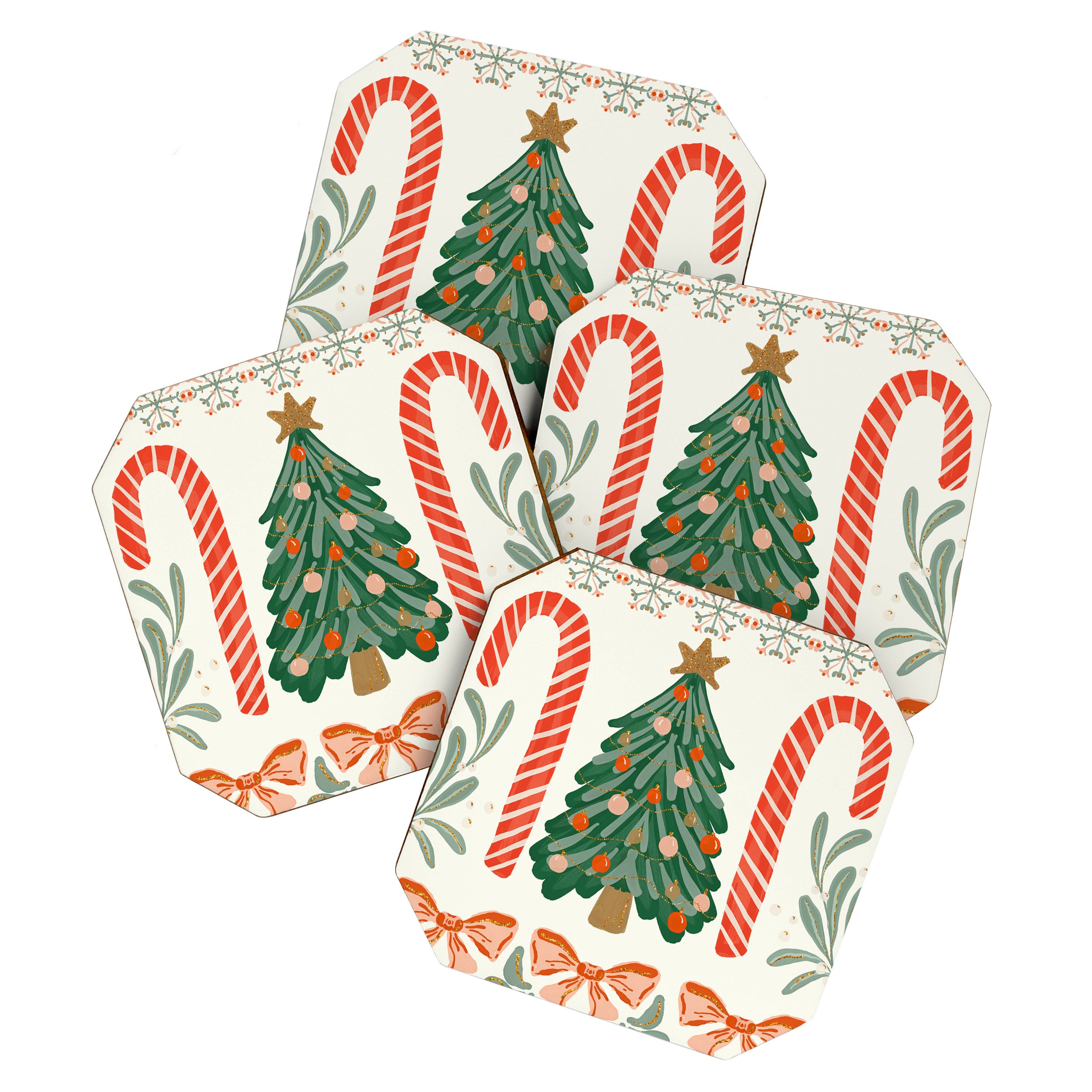 Festive Christmas Elements  Candy Cane  Tree and Bows Holiday Design Coaster Gallery Image 1