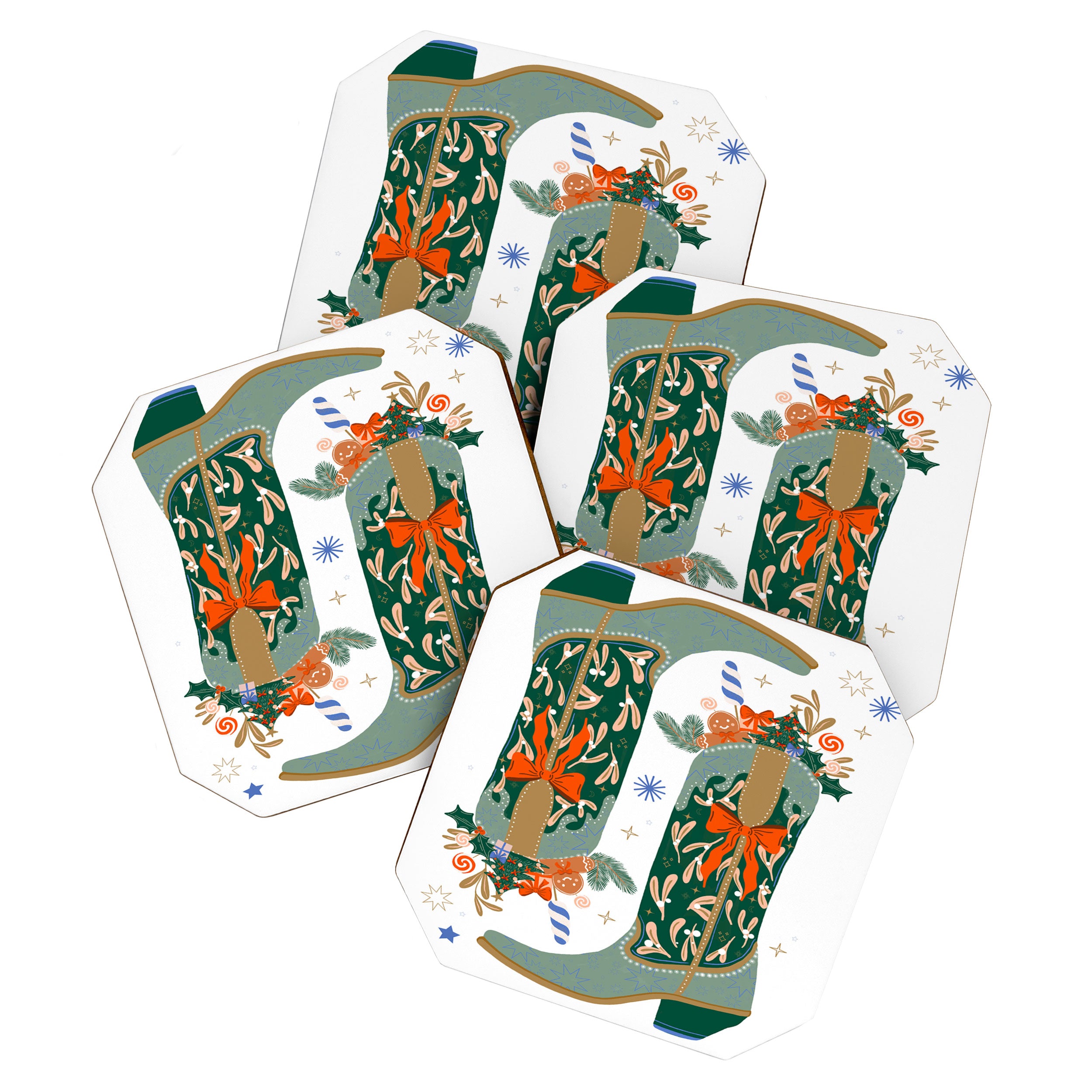 Festive Cowboy Boot Christmas Art  Whimsical Western Holiday Decor Coaster Gallery Image 1