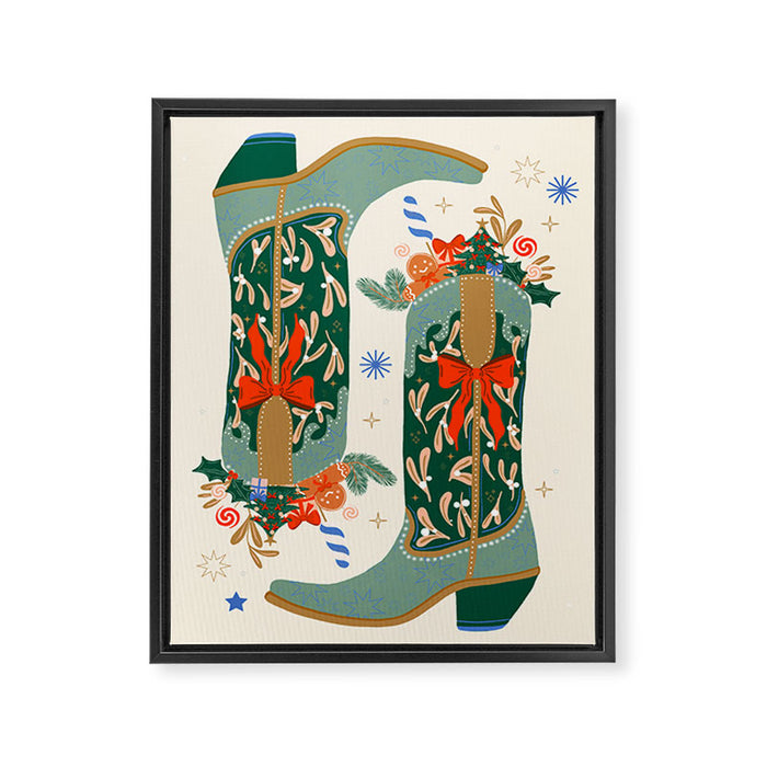 Festive Cowboy Boot Christmas Art  Whimsical Western Holiday Decor Framed Canvas Print Gallery Image 1