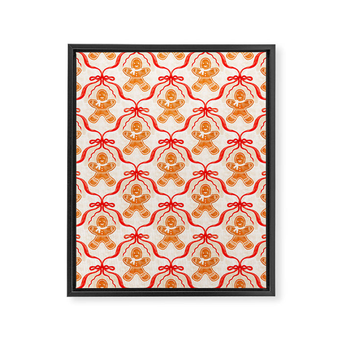 Festive Gingerbread Men and Red Bows Christmas Pattern Framed Canvas Print Gallery Image 1