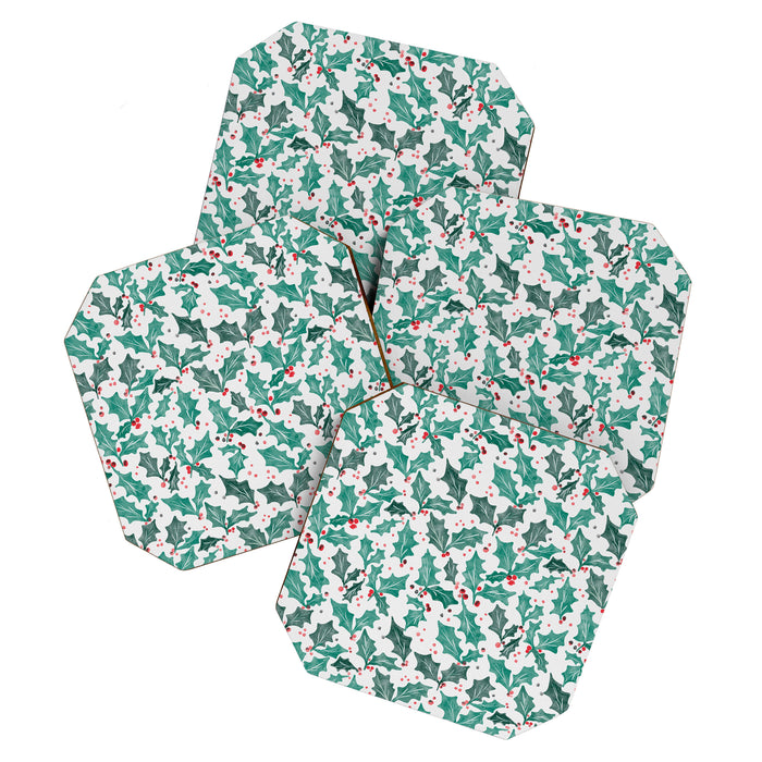 Festive Holly Leaves and Berries Christmas Pattern Coaster Gallery Image 1