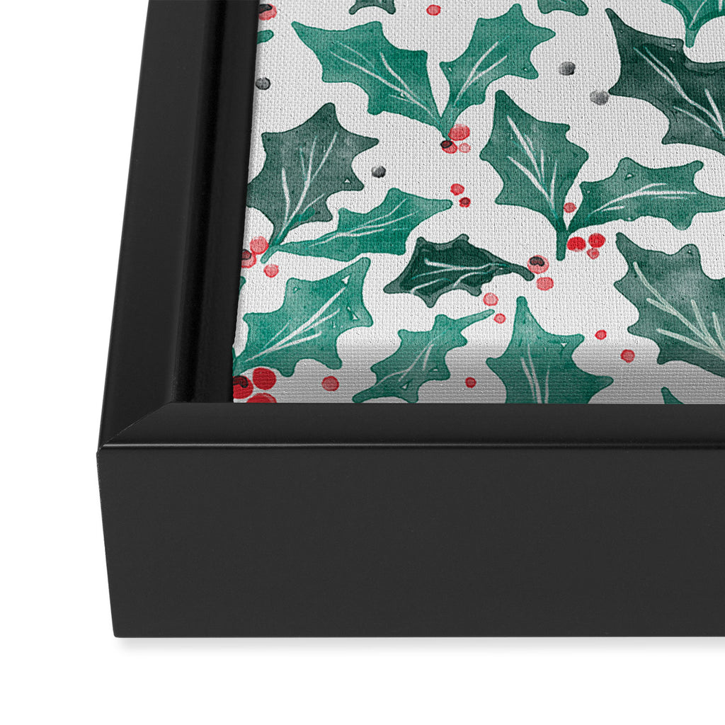 Festive Holly Leaves and Berries Christmas Pattern Framed Canvas Print Gallery Image 3