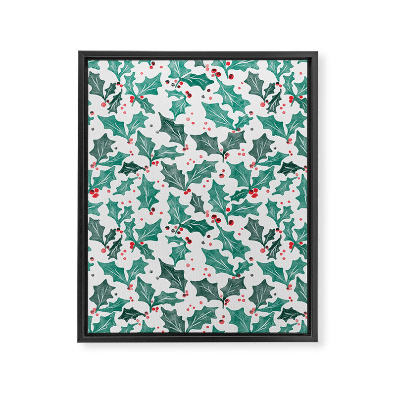Festive Holly Leaves and Berries Christmas Pattern Framed Canvas Print Gallery Image 8