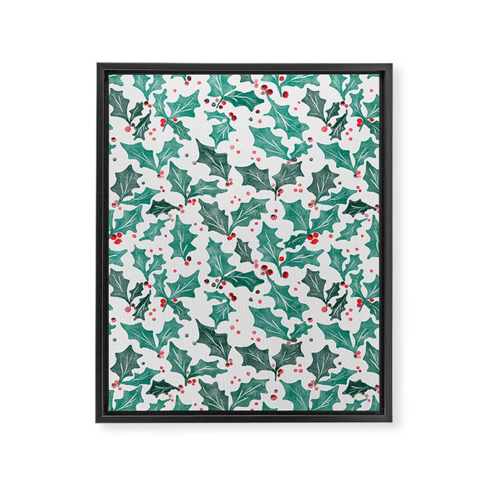 Festive Holly Leaves and Berries Christmas Pattern Framed Canvas Print Gallery Image 1