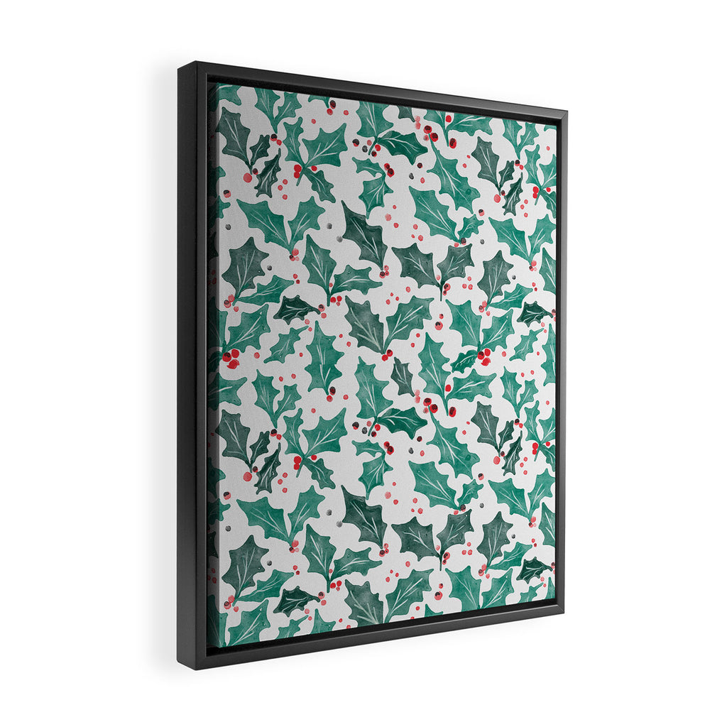 Festive Holly Leaves and Berries Christmas Pattern Framed Canvas Print Gallery Image 2