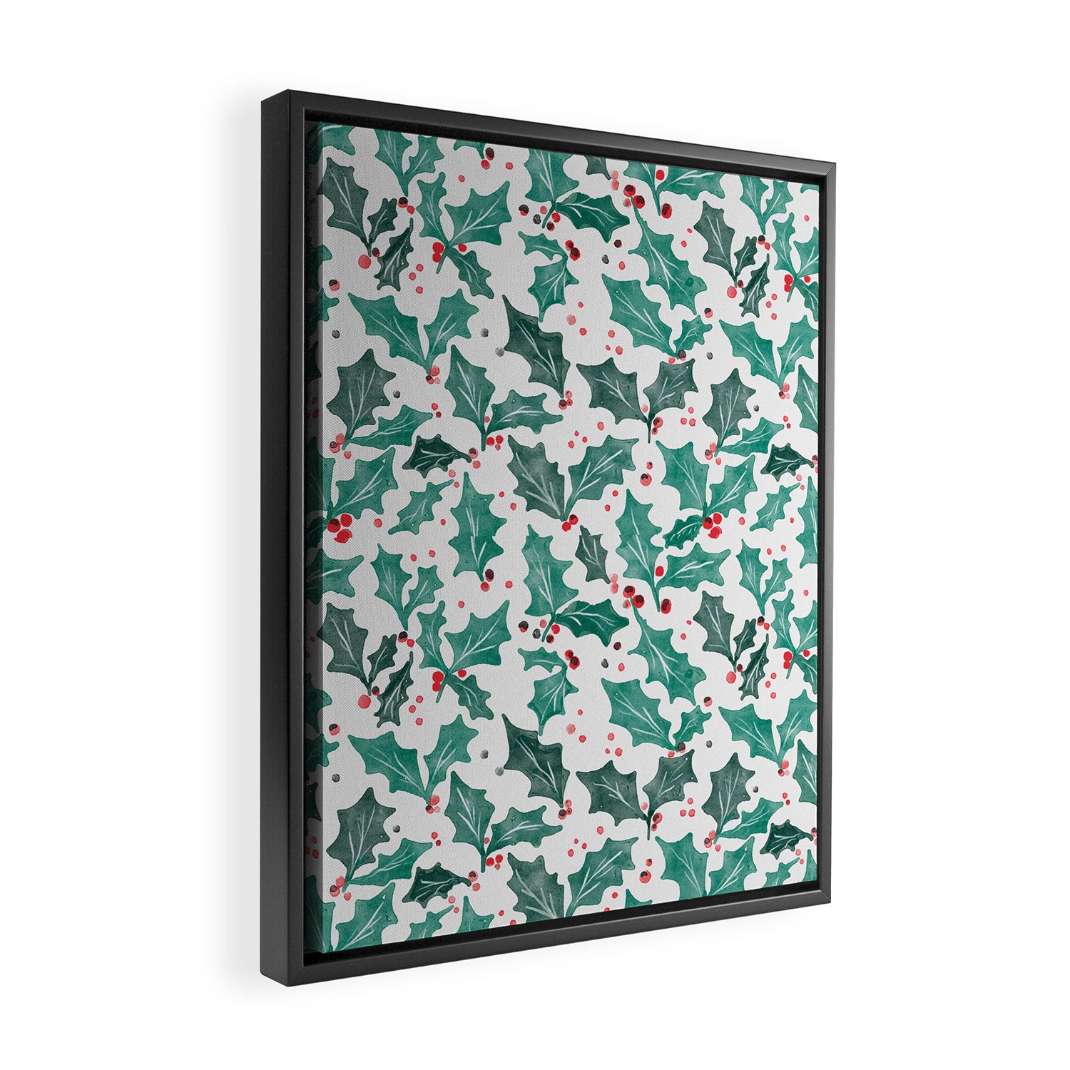 Festive Holly Leaves and Berries Christmas Pattern Framed Canvas Print Gallery Image 2