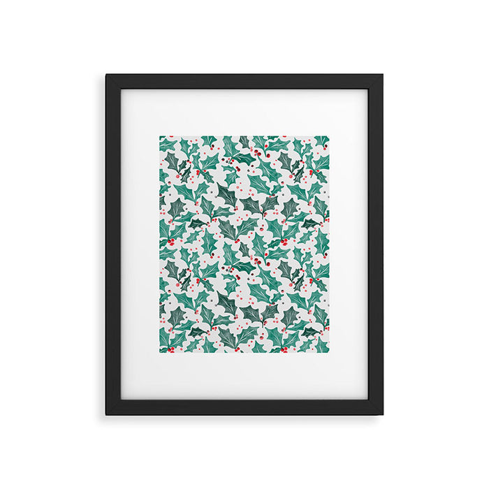 Festive Holly Leaves and Berries Christmas Pattern Framed Art Print Gallery Image 1