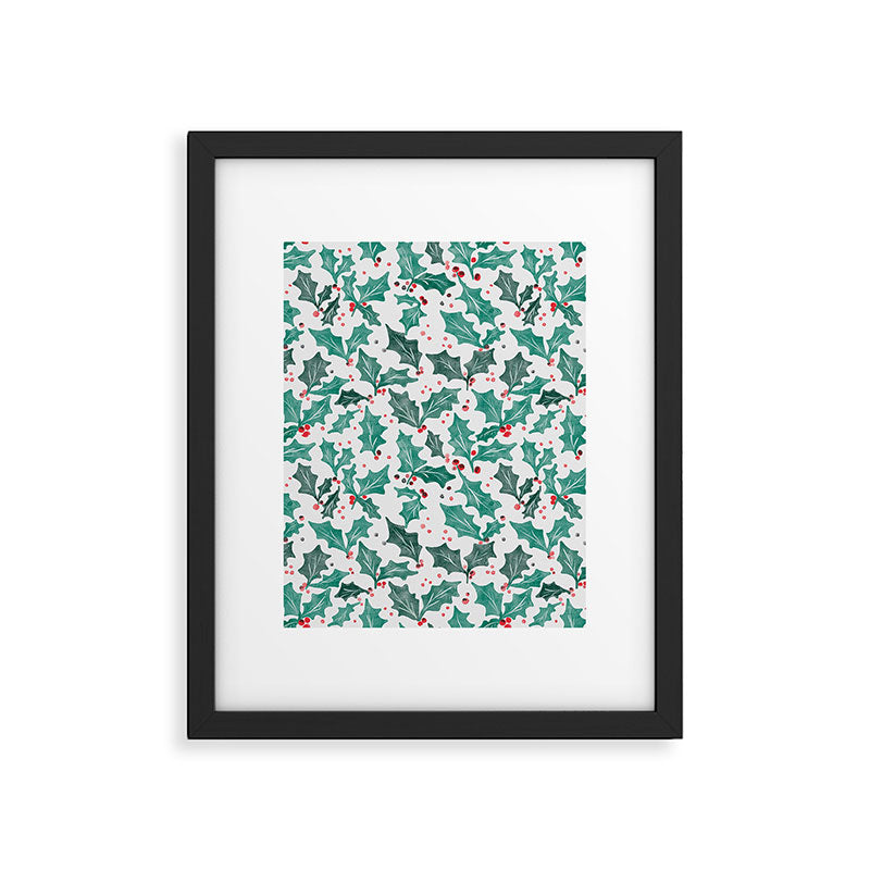 Festive Holly Leaves and Berries Christmas Pattern Framed Art Print Gallery Image 6