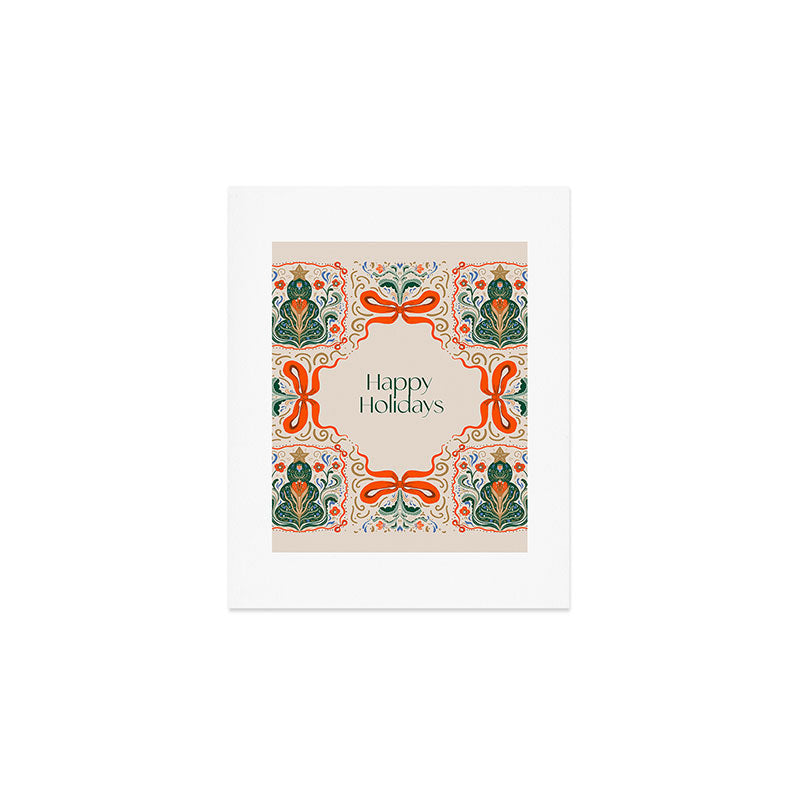 Folk inspired Festive Holiday Bows  and Christmas Tree  Art Print Gallery Image 1
