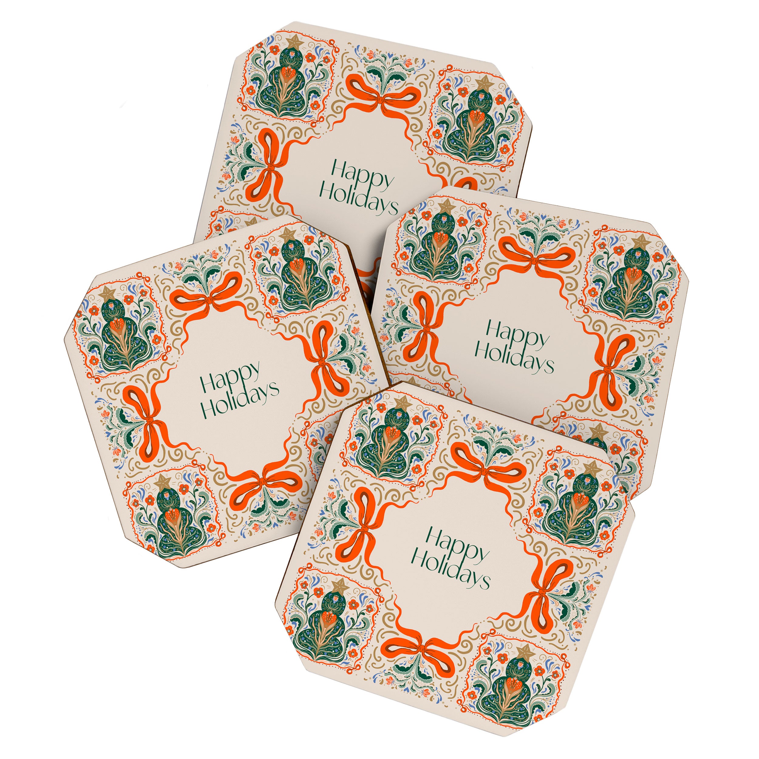 Folk inspired Festive Holiday Bows  and Christmas Tree  Coaster Gallery Image 1