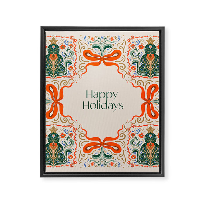 Folk inspired Festive Holiday Bows  and Christmas Tree  Framed Canvas Print Gallery Image 1