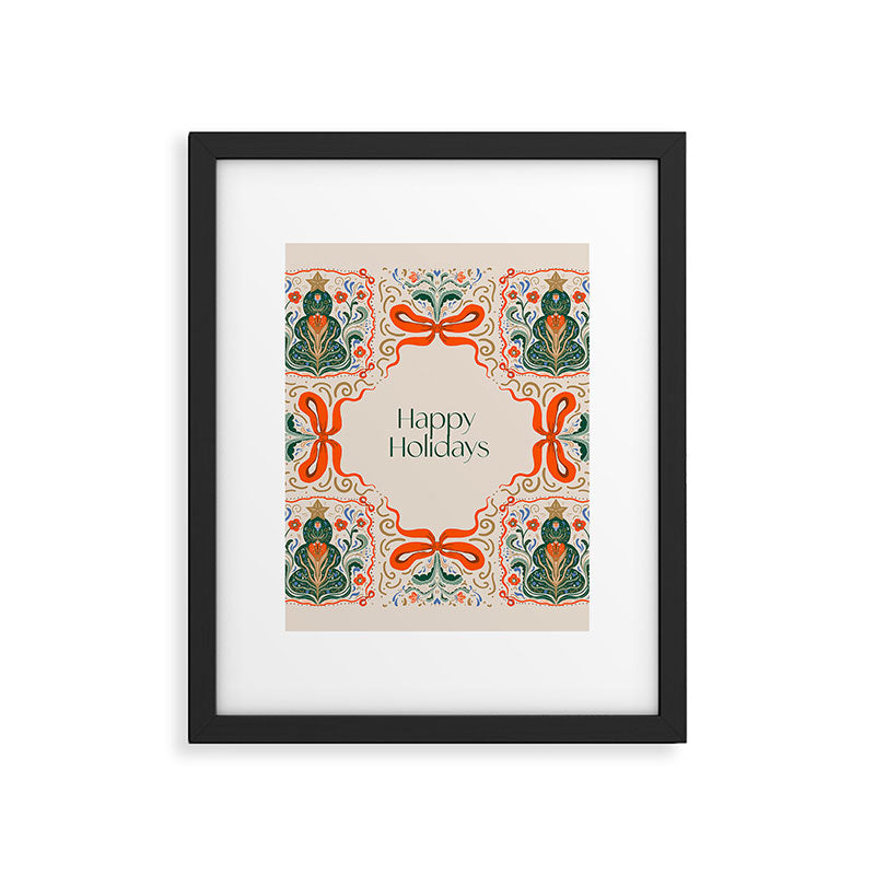 Folk inspired Festive Holiday Bows  and Christmas Tree  Framed Art Print Gallery Image 6