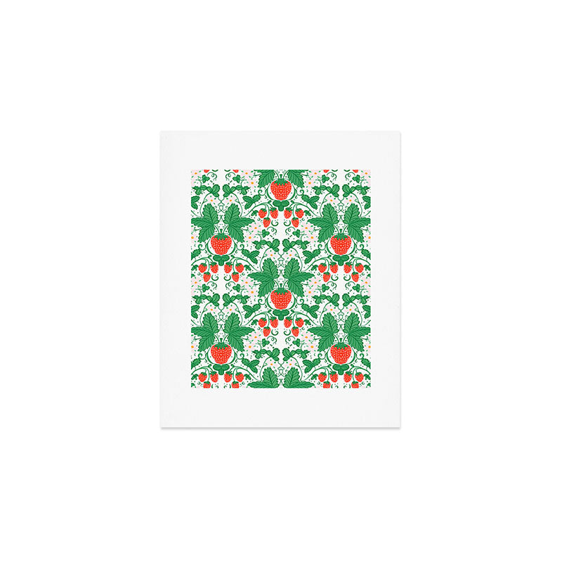 Fresh Strawberry Vine and Floral Pattern on White Art Print Gallery Image 1