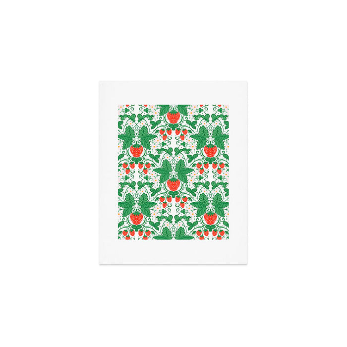 Fresh Strawberry Vine and Floral Pattern on White Art Print Gallery Image 1