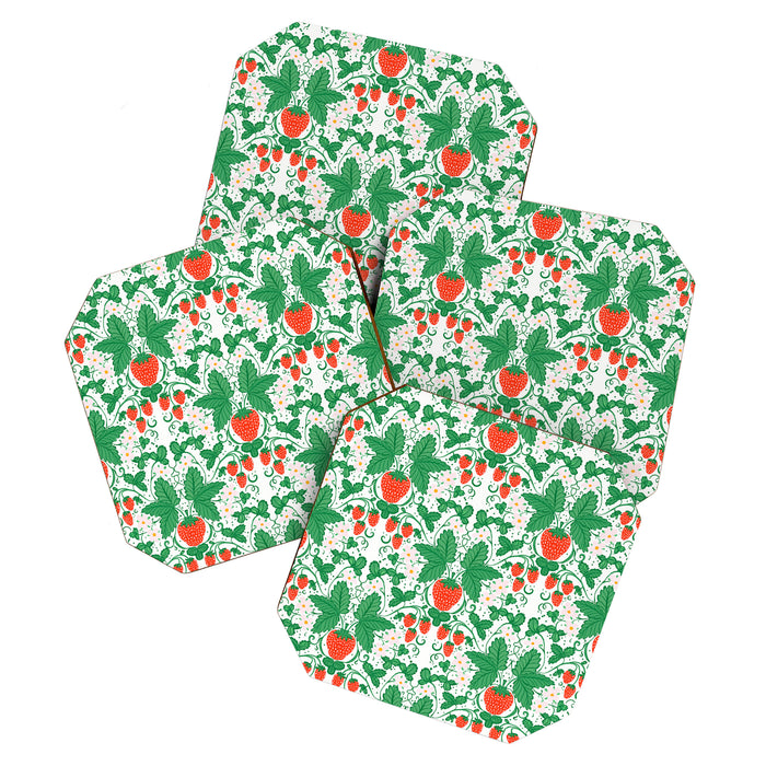 Fresh Strawberry Vine and Floral Pattern on White Coaster Gallery Image 1