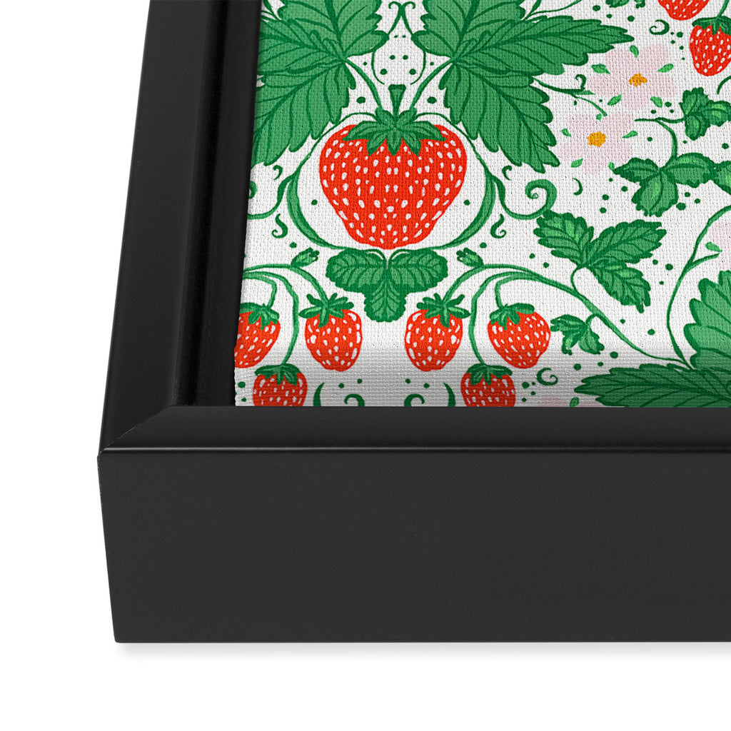 Fresh Strawberry Vine and Floral Pattern on White Framed Canvas Print Gallery Image 3