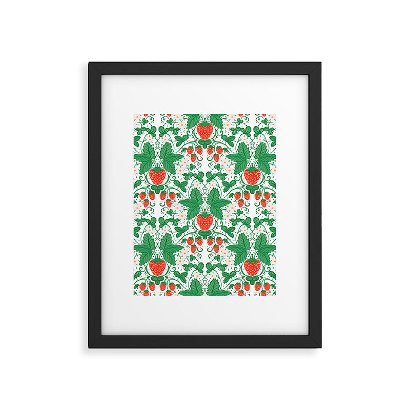 Fresh Strawberry Vine and Floral Pattern on White Framed Art Print Gallery Image 6