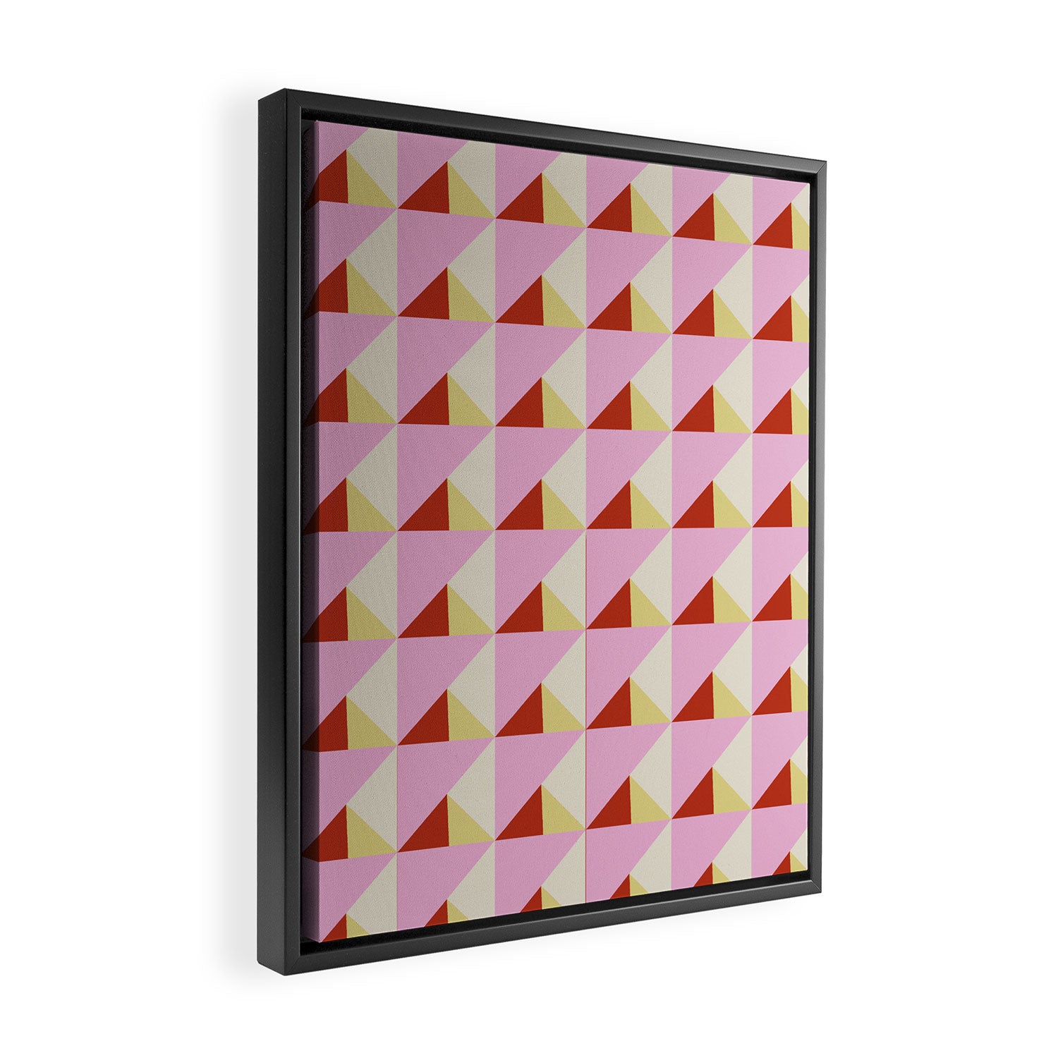 Geometric Triangle Pattern Playful Pink Red and Yellow Abstract Repeat Print Framed Canvas Print Gallery Image 2