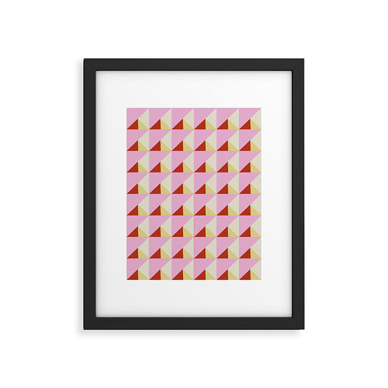 Geometric Triangle Pattern Playful Pink Red and Yellow Abstract Repeat Print Framed Art Print Gallery Image 6