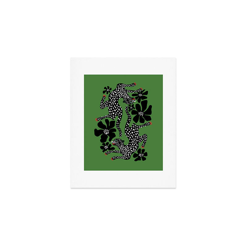 Leopards pattern art print on green background Art Print Gallery Image 1