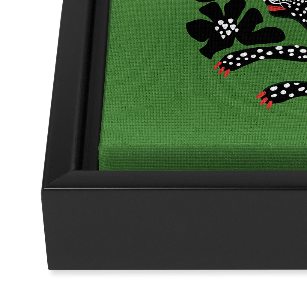 Leopards pattern art print on green background Framed Canvas Print Gallery Image 3