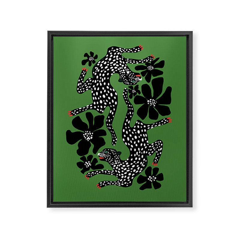Leopards pattern art print on green background Framed Canvas Print Gallery Image 8